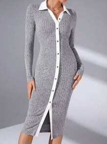 SHEIN Essnce Viền tương phản Nút Thông qua Đồ đan Ribbed Váy bodycon - màu xanh lá - Xem 6