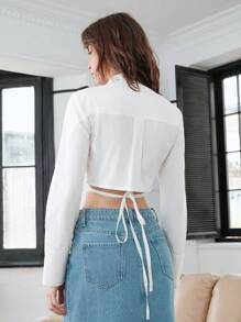 Surplice cổ Áo sơ mi Crop - Màu be - Xem 2