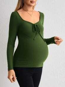 SHEIN Maternity Sweetheart Neck Drawstring Front Tee - Army Green - View 6
