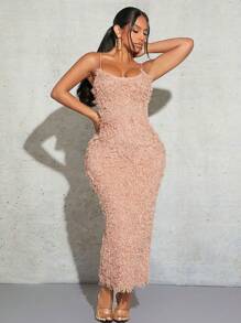 SHEIN SXY Feather Pink Dress For Women, Suitable For Dating And Party Occasions - Khaki - View 3