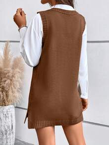 女士 V 领纯色简约日常侧开衩无袖针织连衣裙 - 棕色 - 查看 2