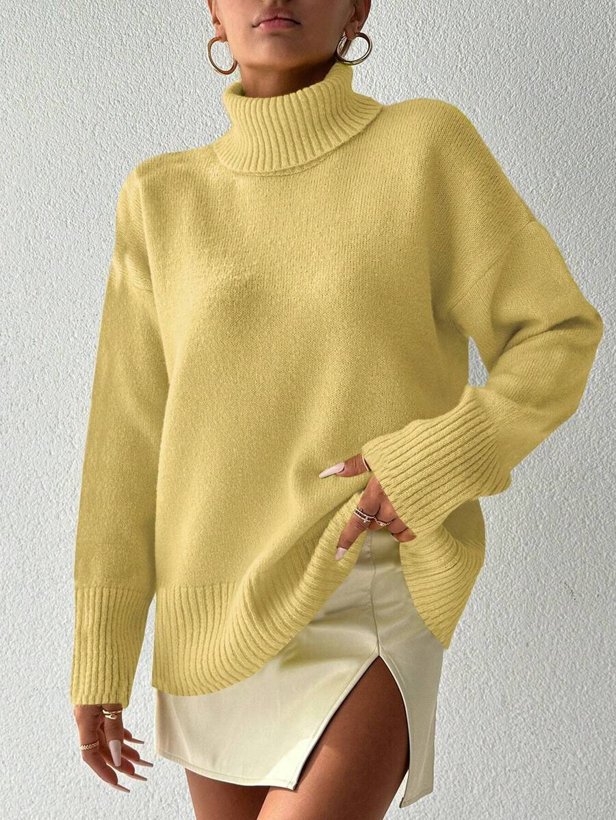 EURMUSE Turtleneck Drop Shoulder Sweater - Yellow - View 1