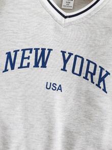 SHEIN 女童春秋美式復古字母印花v領衫,套頭外套休閒款 - 灰色 - 查看 5