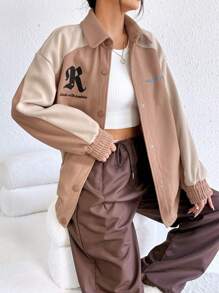 SHEIN EZwear 字母圖案插肩袖夾克 - 咖啡棕 - 查看 4