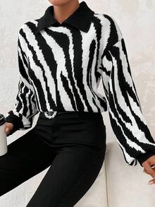 EURMUSE Zebra Striped Pattern Drop Shoulder Sweater - Black and White - View 5