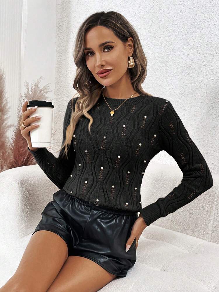 Pearls Beaded Pointelle Knit Sweater In Fall/Winter