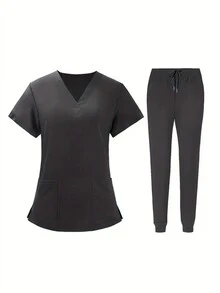 2pcs Nurse Scrubs Set, Short Sleeve Top And Pants - Black - View 6