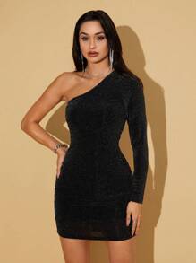 EURMUSE One Shoulder Glitter Bodycon Dress - Black - View 1