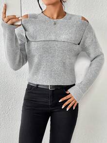 SHEIN Essnce 前鏤空落肩袖套頭毛衣 - 灰色 - 查看 3