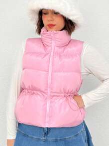 SHEIN EZwear 大碼腰部抽繩拉鏈開襟羽絨背心大衣 - 粉色 - 查看 2
