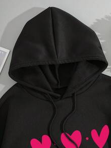 Plus Heart Print Kangaroo Pocket Drawstring Thermal Hoodie - Black - View 3