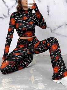 SHEIN EZwear Allover Print Mock Neck Crop Tee & Flare Leg Pants - Black - View 1