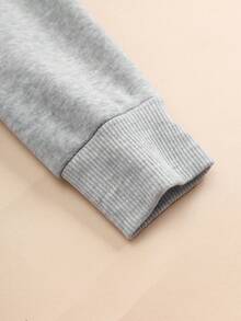 SHEIN EZwear 小熊刺繡拉鏈開襟加絨內裏抽繩連帽衫 - 灰色 - 查看 3