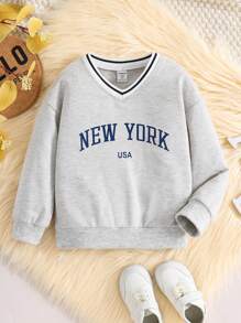 SHEIN 女童春秋美式復古字母印花v領衫,套頭外套休閒款 - 灰色 - 查看 1