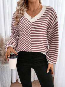 Chiquease Checker & Striped Pattern Drop Shoulder Knit Pullover Fall Winter Sweater - Rust Brown - View 4