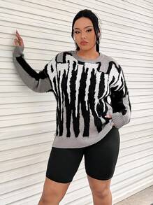 SHEIN EZwear Plus Allover Pattern Drop Shoulder Sweater - Grey - View 7