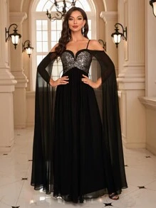 Cold Shoulder Contrast Sequin Prom Dress - Black - View 3