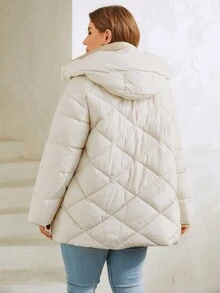 HaiLuoZi Plus Zip Up Snap Button Hooded Down Coat - Beige - View 2