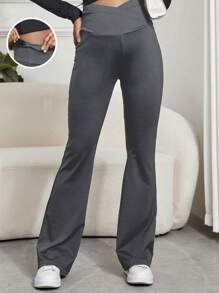 SHEIN 孕婦寬腰帶可調節腰圍喇叭褲 - 灰色 - 查看 1