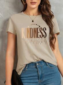 SHEIN Essnce 字母圖案T恤 - 卡其色 - 查看 4