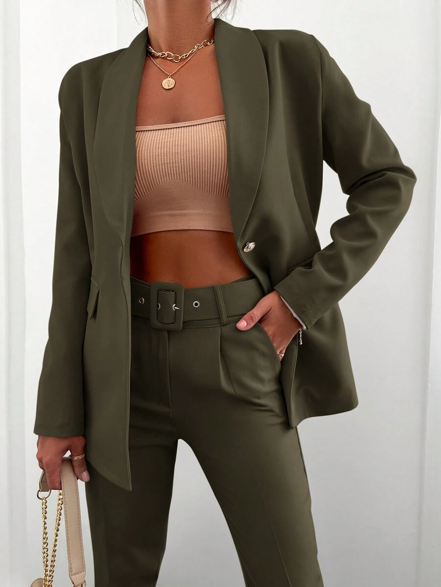 EURMUSE Shawl Collar Single-breasted Suit And Pants Set - Mocha Brown - View 1