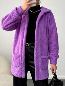 EURMUSE Women's Solid Color Drop Shoulder Long Sleeve Fleece Jacket With Pockets, Comfortable Regular Fit For Winter - Purple - View 1