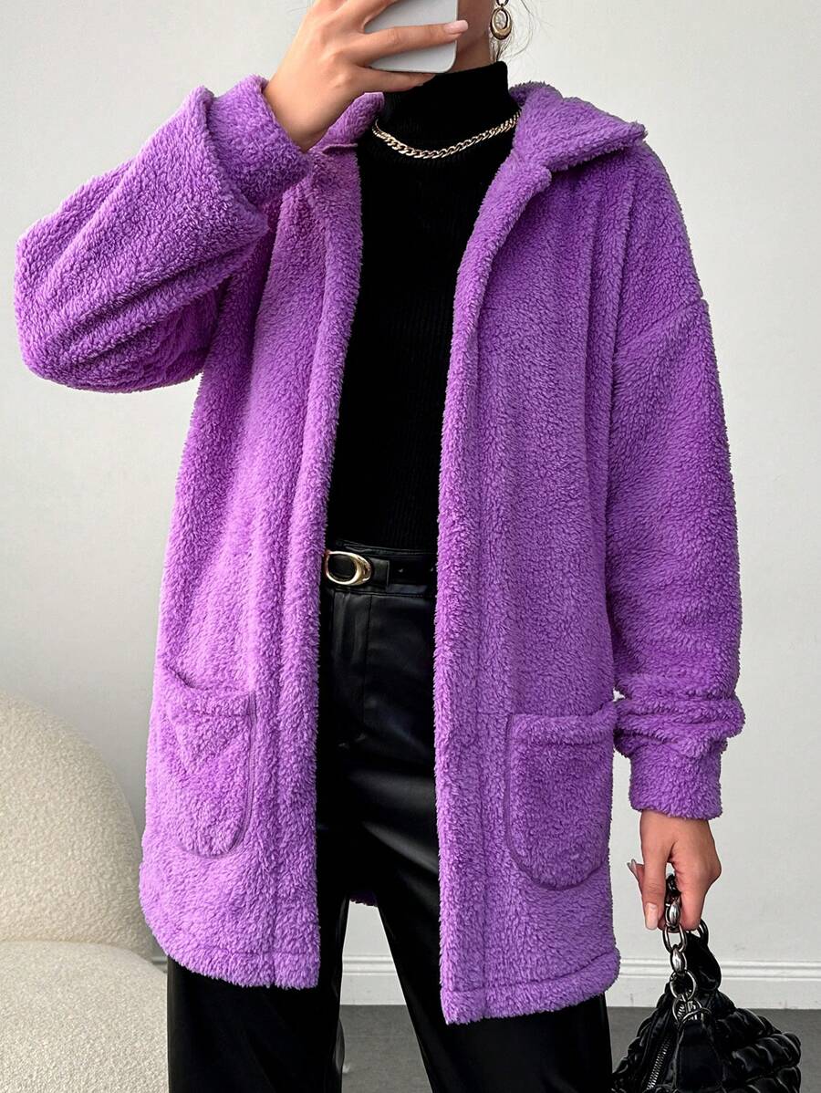 EURMUSE Women's Solid Color Drop Shoulder Long Sleeve Fleece Jacket With Pockets, Comfortable Regular Fit For Winter - Purple - View 1