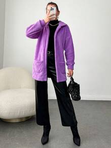 EURMUSE Women's Solid Color Drop Shoulder Long Sleeve Fleece Jacket With Pockets, Comfortable Regular Fit For Winter - Purple - View 3