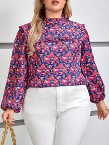 SHEIN Frenchy 大碼滿版印花燈籠袖褶邊襯衫 - 玫紅色 - 查看 5