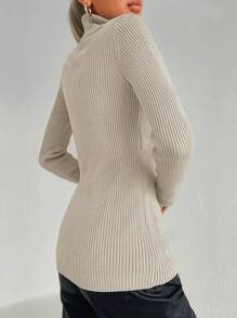 Cloudara Women's Solid Color Simple Design High Neck Pullover Sweater - Beige - View 2