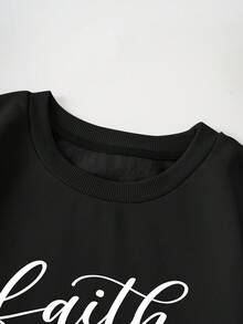 SHEIN EZwear 字母圖案加絨內裏運動衫 - 黑色 - 查看 5