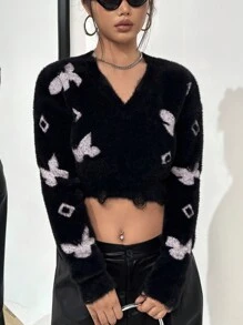 SHEIN Unity Butterfly Pattern Crop Fuzzy Knit Pullover Fall Winter Sweater - Black - View 4