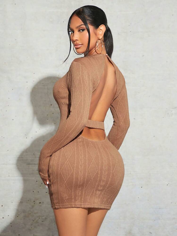 Ladies' Round Neck Solid Color Slim Fit Backless Dress