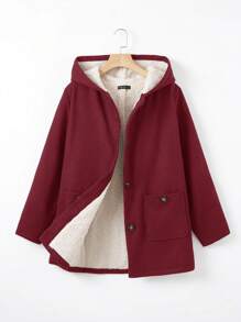 SHEIN EZwear Plus Dual Pocket Teddy Lined Hooded Coat, Winter Fall Autumn