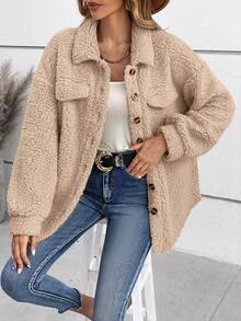 SHEIN Frenchy Thả vai Chi tiết về Flap Áo khoác Teddy - Màu Khaki - Xem 6