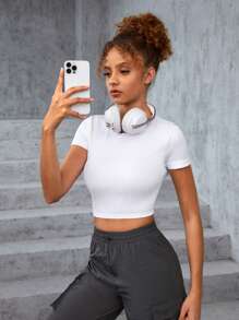 SHEIN 女性青少年無縫針織純色圓領短袖運動t恤 - 白色 - 查看 1