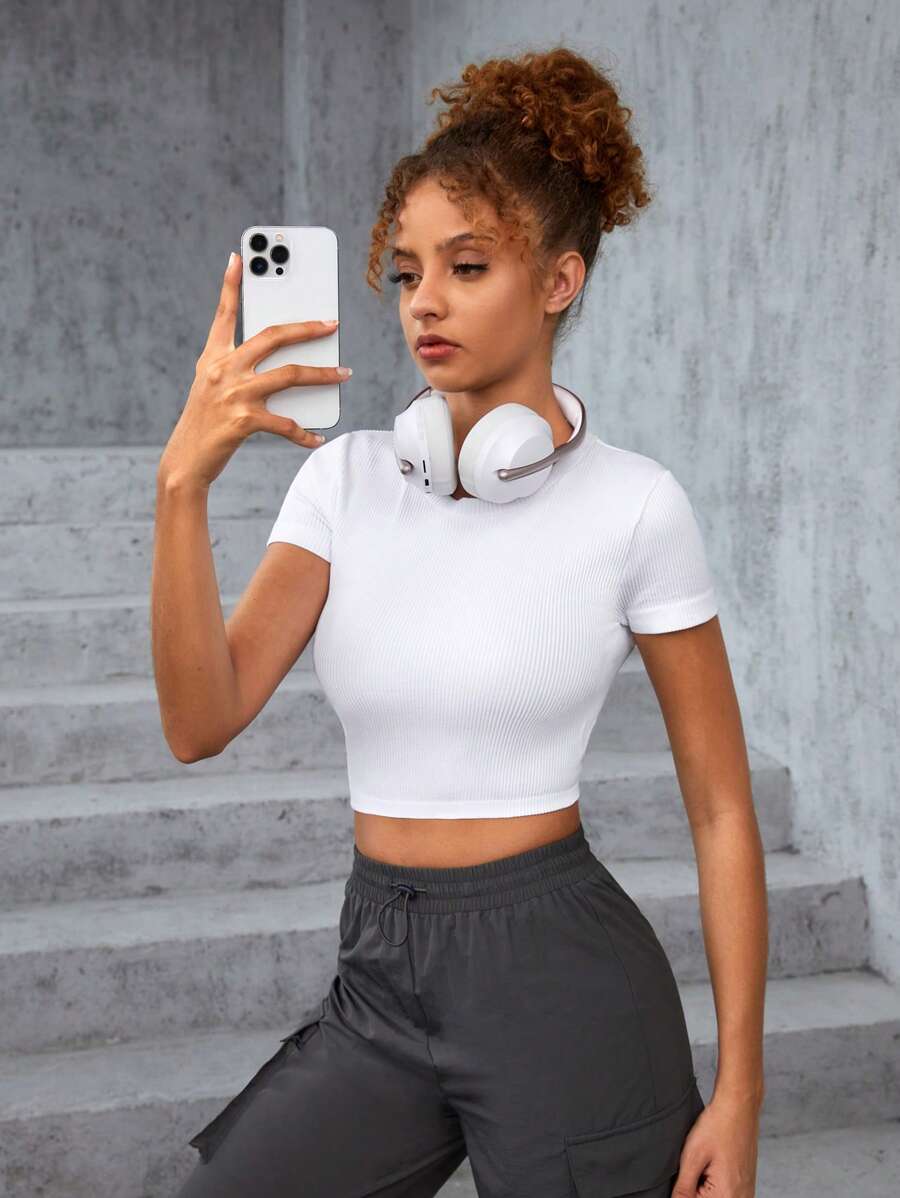 SHEIN 女性青少年無縫針織純色圓領短袖運動t恤 - 白色 - 查看 1