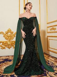 Faeriesty Off Shoulder Cloak Sleeve Sequin Mermaid Hem Formal Dress - Dark Green - View 5