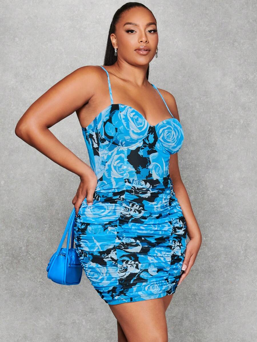 SHEIN BAE Vestido ajustado fruncido con estampado floral talla grande - Multicolor - Ver 1