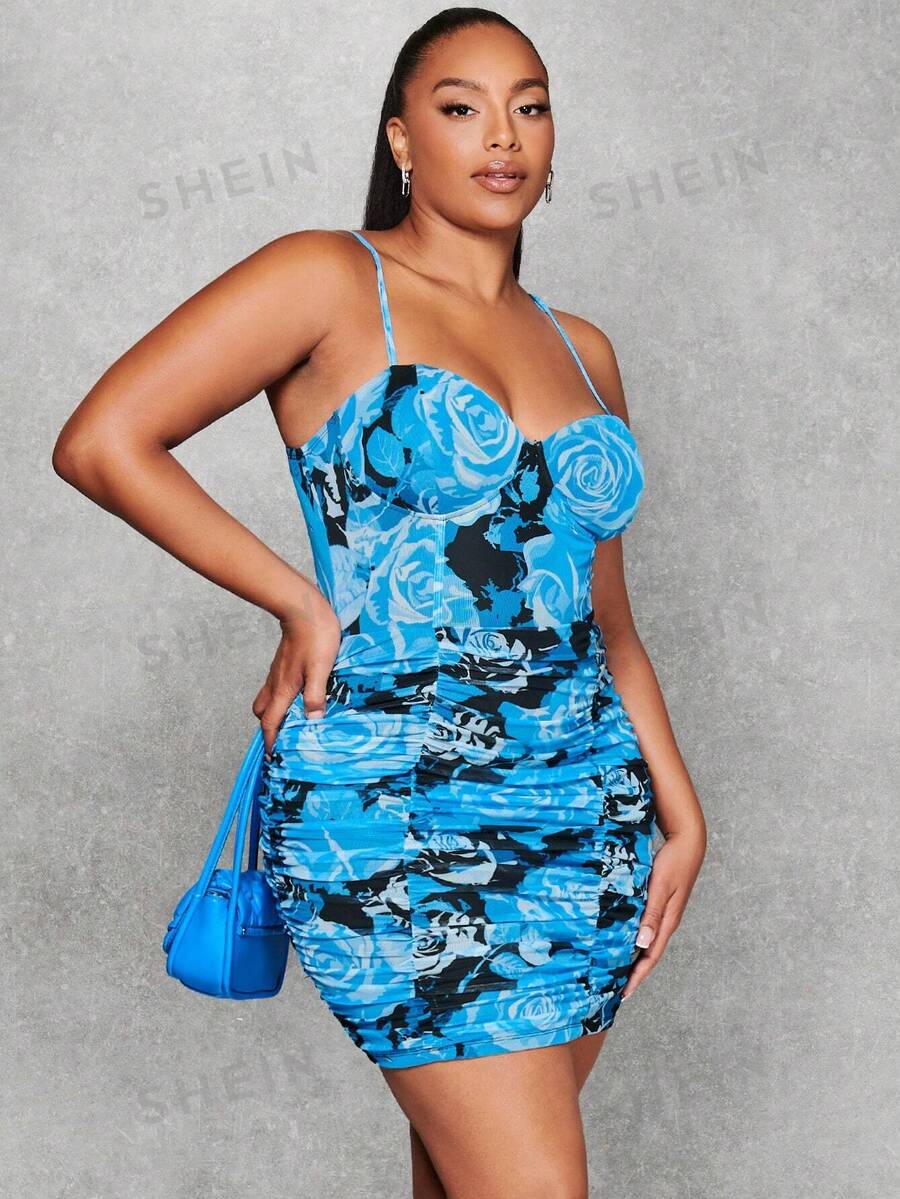 SHEIN BAE Vestido ajustado fruncido con estampado floral talla grande - Multicolor - Ver 1