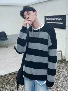 Manfinity 1pc Men's Striped Pattern Drop Shoulder Oversized Sweater - Black - View 4