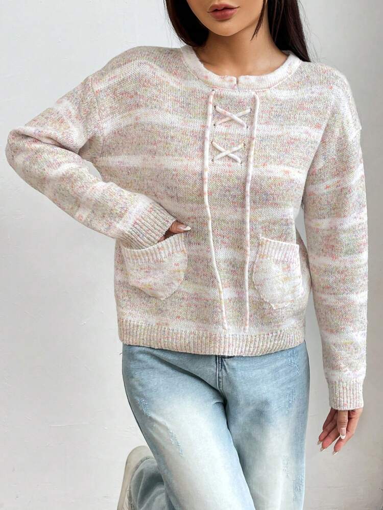 Space Dye Lace Up Front Dual Pocket Drop Shoulder Knit Pullover Fall Winter Sweater