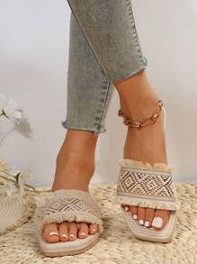 女士編織設計毛邊緣涼拖,度假夏天平底涼鞋 - 彩色 - 查看 4