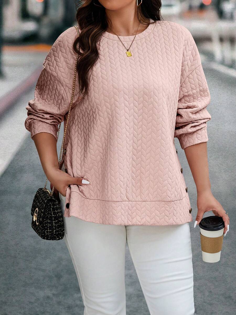 Calvaya 加大码落肩纽扣细节套头卫衣 秋季卫衣 - 粉色 - 查看 1