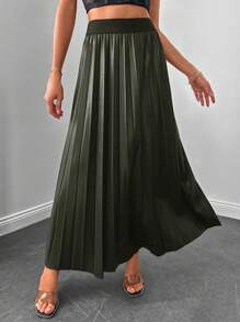 SHEIN Cottnline High Waist Pleated Skirt - Dark Green - View 3