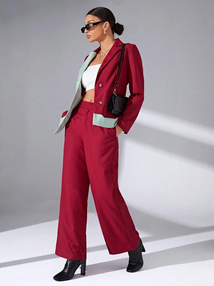 Colorblock Lapel Neck Blazer & Wide Leg Pants