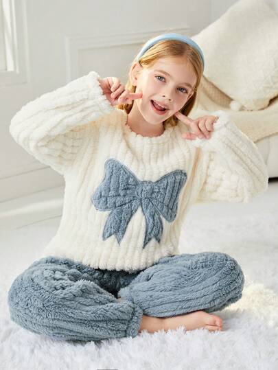 SHEIN Tween Girl Knit Color Block Fluffy Round Neck Loose Top And Relaxed Casual Pants 2-Piece Pajama Set, Suitable For New Year, Christmas, Autumn/Winter, Blue, White, Bow, Plush, Texture