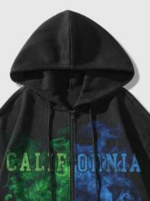 ROMWE MEN Goth Men Letter Printed Zipper Placket Drawstring Hooded Sweatshirt - Black - View 6