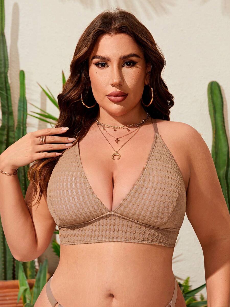 SHEIN Swim Curve Hơn Chất rắn Ren hở lưng Áo bikini - Màu be - Xem 1