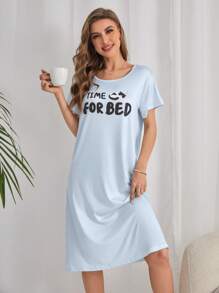熊貓和標語圖案睡裙 - 淺藍色 - 查看 7